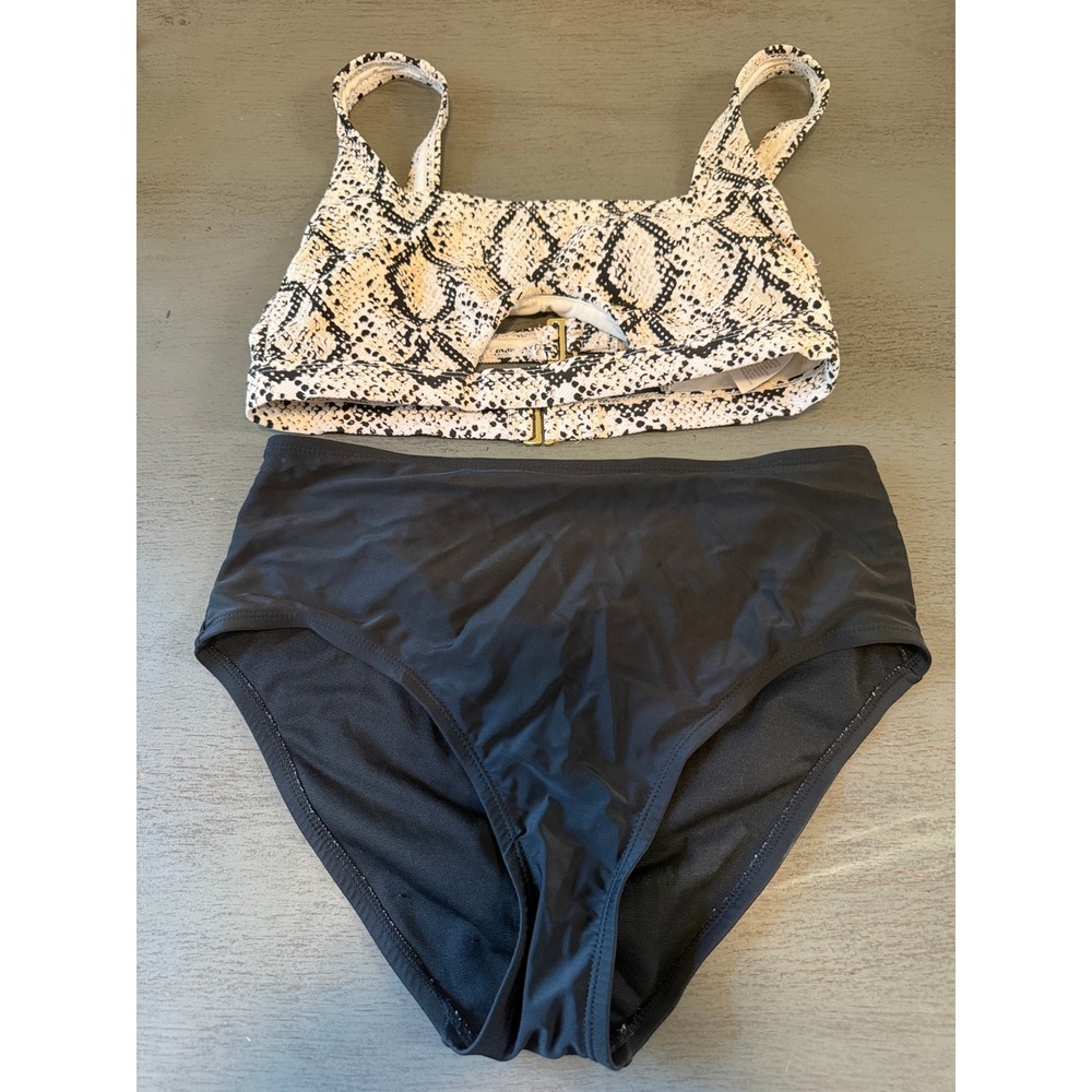 Time and Tru Bikini Set Snakeskin Top Black High Waist Bottoms Medium 8-10